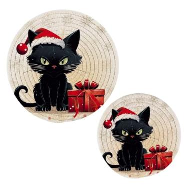 Imagem de Wassud Conjunto de trivet de Natal de gato preto para pratos quentes, suportes redondos de algodão, almofadas quentes, porta-copos elegantes, decoração de cozinha e acessórios, 2 peças