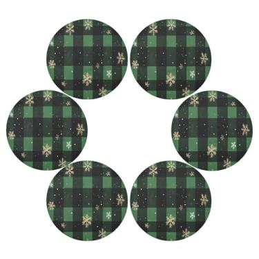 Imagem de Wassud Jogo americano conjunto de 6 tapetes de mesa redondos xadrez verde para cozinha e jantar tapetes laváveis resistentes ao calor decoração de mesa 39 cm