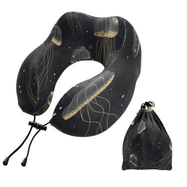 Imagem de CEBUGI Travesseiros de viagem portáteis em forma de U, travesseiro de pescoço de espuma viscoelástica com trava de corda ajustável para avião, viagem, trem, negócios, escritório, soneca (água-viva)