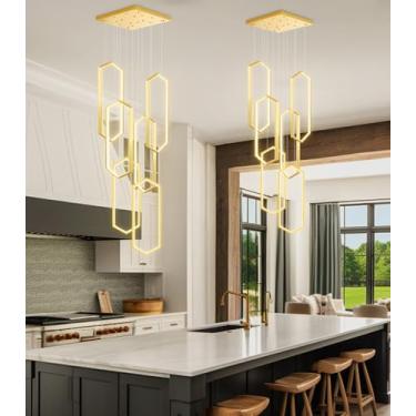 Imagem de Lustre moderno de 3 anéis com LED, dimerizável, luminária pendente ajustável, luminária de teto embutida para hall de entrada, sala de estar e escadas, dourado.