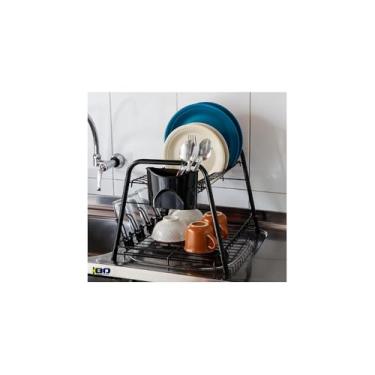 Imagem de Escorredor de Louças 2 Andares, Metal e Plástico, Preto Fosco, 22x29x39cm, com Suporte para Talheres e Bandeja Coletora
