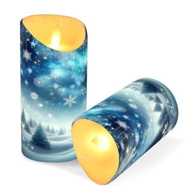 Imagem de ATTX Pacote com 2 velas sem chama de flocos de neve azuis geladas – Velas de pilar de LED de 7,6 cm x 15 cm com controle remoto e temporizador para casa, casamento, decoração de acampamento #407