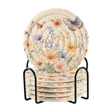 Imagem de SEHANY Elegante conjunto de 6 porta-copos de flores de borboleta com suporte, porta-copos redondos absorventes de algodão resistente ao calor para mesa de jantar, canecas de café, 10 cm