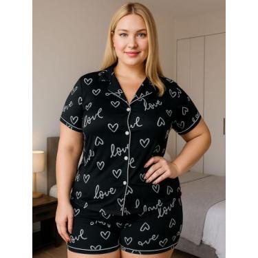 Imagem de Pijama Americano Estampado Plus Size Blusa com Botões que Abrem e Shor