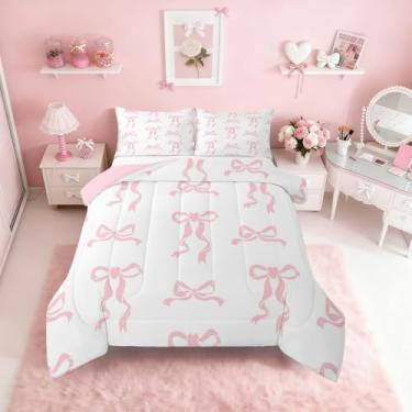 Imagem de Erosebridal Conjunto de cama Queen com laço rosa infantil, princesa sonhadora, conjunto de edredom feminino com laço fofo para quarto de meninas, colcha de desenho kawaii com nó de laço, microfibra