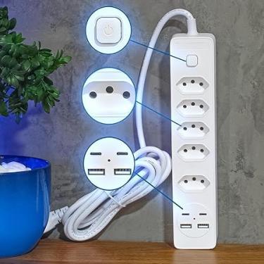 Imagem de Filtro de Linha com 5 Tomadas, 2 USB, 2 Type C, Proteção Contra Surtos, Preto, Plástico, Bivolt, 28x8x5cm, Retangular