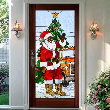 Imagem de HOMETITUTE Película vertical para janela de Natal Papai Noel com árvore de Natal e carro estilo vitral decorativo adesivos para janela de privacidade 43 x 100 cm