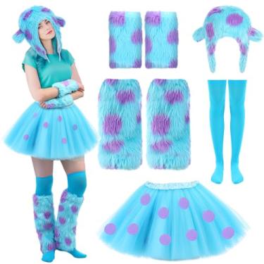 Imagem de Conjunto de 5 peças de acessórios para fantasia de monstro peludo azul de Halloween, saia tutu de bolinhas, polainas roxas, polainas de pele, luvas peludas, chapéus de monstro e meias até a coxa para