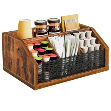 Imagem de YATINEY Organizador de cápsulas de café para bancada, organizador de estação de café de madeira com divisórias, comporta xarope, xícaras, saquinhos de chá para cozinha, escritório, marrom rústico