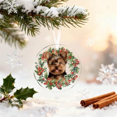 Imagem de 1 enfeite de Natal de acrílico Yorkie – Decoração redonda para animais de estimação, presente ideal para amantes de cães e gatos (mulheres e homens) para árvore de Natal