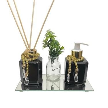 Imagem de Kit Banheiro Plástico 200ml com Difusor Aromatizador e Saboneteira + Bandeja Espelhada e Vaso Decorativo(Preto c/Dourado)