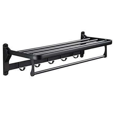 Imagem de uhyOHF Toalheiro de banheiro Suporte de toalha de parede, toalheiro de banheiro, suporte de toalha dobrável, barra de toalha de banho fixa preta de alumínio, prateleiras de banho dobráveis toalheiro