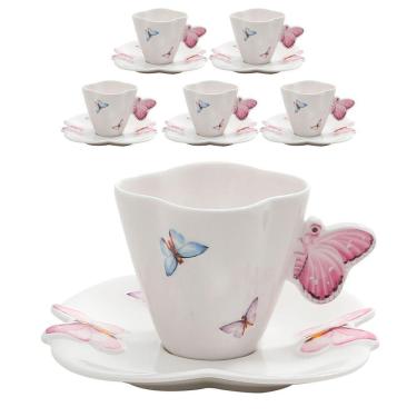 Imagem de Jogo 6 Xicaras De Chá Porcelana Com Pires Borboletas 200ml Wolff