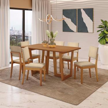 Imagem de Conjunto Sala De Jantar Dora Em Madeira Maciça 6 Cadeiras Boucle Bege