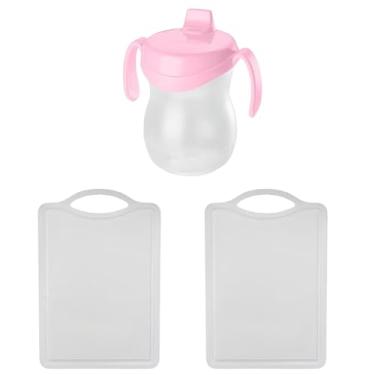 Imagem de Kit 2 Tábua Branca Plástica de Corte Pequena + 1 Garrafa Infantil 310ml Plástica Atóxica Rosa