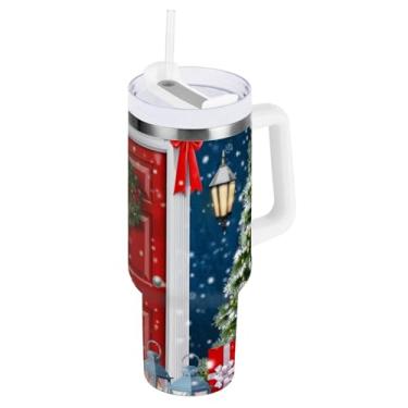 Imagem de ODAWA Copo grande com isolamento térmico de aço inoxidável de Natal com tampa e canudo para viagem