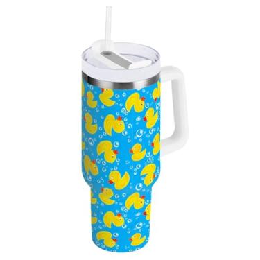 Imagem de Copo de viagem grande isolado com tampa e canudo, copo com isolamento de parede dupla azul Cute Ducks