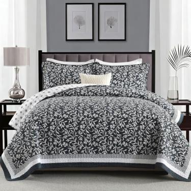 Imagem de PANGUSHAN Conjunto de colcha king size – Conjunto de edredom King 100% algodão, colcha botânica vintage com 2 fronhas, roupa de cama leve reversível, colcha de cama king para todas as estações, azul