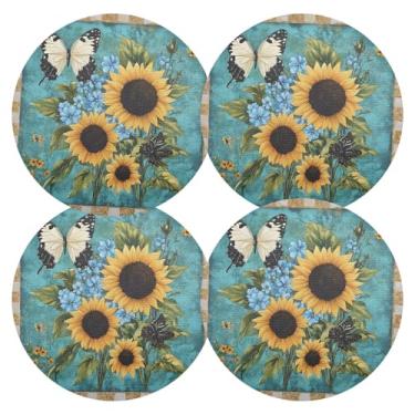 Imagem de Conjunto de 4 tapetes de mesa de jantar com borboleta girassóis, 38 cm, à prova de calor, jogo americano de PVC, redondo, para mesa de jantar, mesa de cozinha