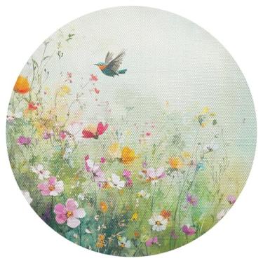 Imagem de Conjunto de 1 tapete de mesa floral verde prado, 38 cm, lavável, jogo americano de PVC redondo, para mesa de jantar, mesa de cozinha