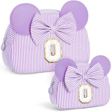 Imagem de QLOVEA Presentes de Natal para netos, bolsa de cosméticos inicial, bolsa de maquiagem de viagem, presentes de aniversário personalizados para crianças, Roxa, O