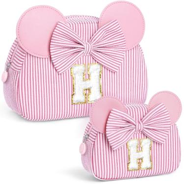 Imagem de QLOVEA Presentes de Natal para netos, bolsa de cosméticos inicial, bolsa de maquiagem de viagem, presentes de aniversário personalizados para crianças, rosa