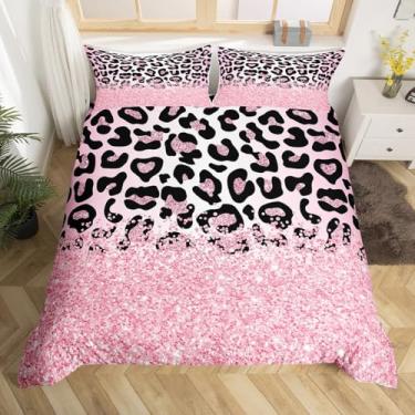 Imagem de Jogo de cama Queen com estampa de leopardo rosa e preto, estampa de lantejoulas com glitter, para crianças, meninas, mulheres, estampa de pele de animal selvagem, romântico, capa de edredom com 2