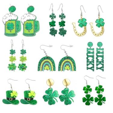 Imagem de Brincos de Dia de São Patrício, 9 pares de brincos verdes com desenhos de trevo e chapéu irlandês para mulheres, conjunto de brincos festivos e pingentes para acessórios e presentes do Dia de São