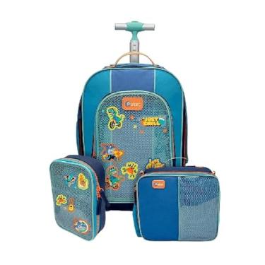 Imagem de PUKET - Kit Mochila com Rodinha, Estojo e Lancheira Color Block Azul - PUKET