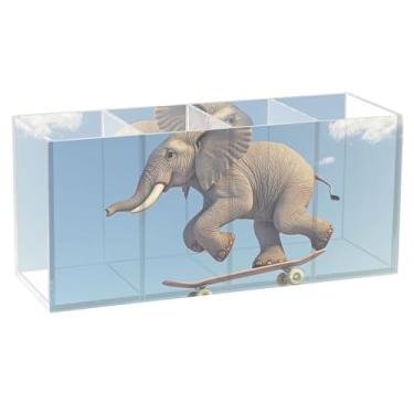 Imagem de TSENQUE Porta-lápis personalizado com estampa animal para mesa, fofo, engraçado, elefante, skate, arte, caddie, copos de acrílico, lápis, armazenamento de papelaria