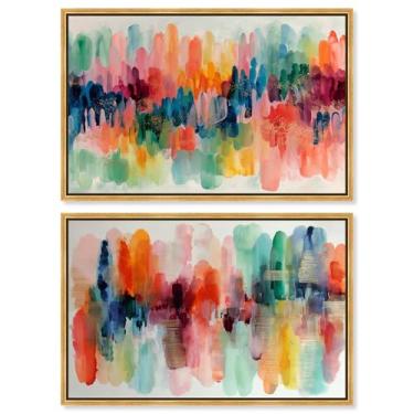 Imagem de Arte de parede de banheiro com impressão em tela azul-petróleo e coral, energia costeira, conjunto de 2 por Art Remedy, moldura dourada, 61 x 40 cm