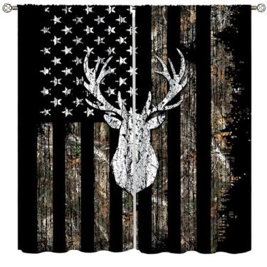 Imagem de wlsgdsg Cortinas vintage Dee para cozinha rural fazenda camuflagem bandeira floresta árvores caça alce impressão janelas tratamentos para meninos quarto sala de estar 106 x 113 cm (sem blackout)