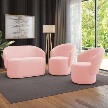 Imagem de Sofá Namoradeira E 2 Poltronas Orgânica Para Sala Malu Suede Rosa Bebê M11 - D`rossi