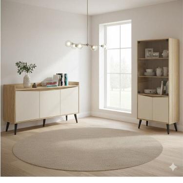 Imagem de Conjunto Buffet Aparador 130cm + Cristaleira Amendoa / Off White Amendoa / off white
