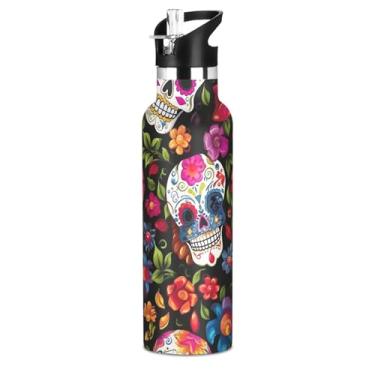 Imagem de Joisal Garrafas de água florais Sugar Skulls para meninas e meninos garrafa de água de aço inoxidável à prova de vazamento, copos infantis isolados com tampa de canudo para bebidas quentes ou frias