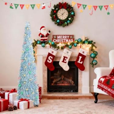 Imagem de Árvore de Natal pop-up de 1,8 m com luzes, 90 LEDs coloridos, 8 modos, árvore de Natal dobrável, pop-up para decoração de festa de Natal em casa interna (azul e branco)