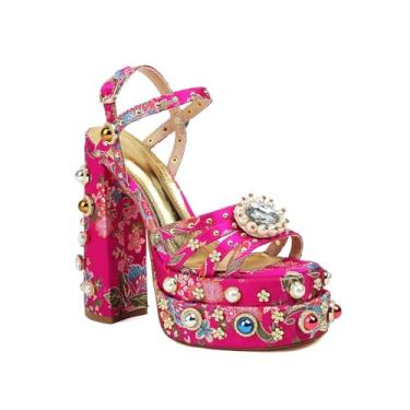 Imagem de Feinlina Sandálias femininas de salto grosso plataforma de strass com tira no tornozelo com pedras preciosas verde rosa estampa floral bordado festa de casamento sandálias, rosa, 36