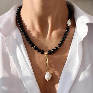 Imagem de 1 colar com pingente preto de resina de liga de estilo barroco bonito, formato irregular, com pérolas falsas, adequado como presente para uso diário feminino, festas, bailes de formatura e