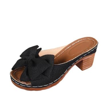 Imagem de Sandália feminina casual sem cadarço com detalhe de laço e salto baixo, calçado confortável de verão, Preto, 35