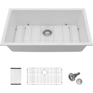 Imagem de Lordear Pia de cozinha composta de granito branco 33 x 19 Pia subterrânea composta de quartzo branco profundo tigela única sob o balcão pias de cozinha