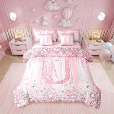 Imagem de Erosebridal Conjunto de cama solteiro com letra F com laço ombré, rosa, alfabeto, 7 peças, kawaii, laço coquete, conjunto de edredom com lençol feminino com glitter, conjunto de cama com monograma