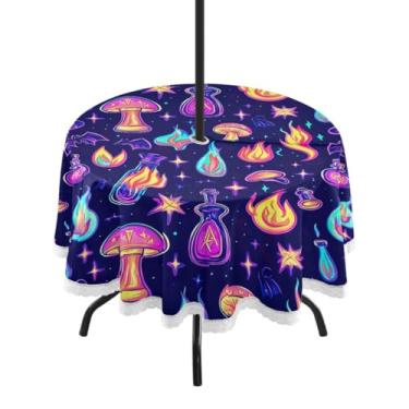 Imagem de Wassud Toalha de mesa redonda para uso ao ar livre com orifício para guarda-chuva, cogumelos, toalhas de mesa de 152 cm, toalhas de mesa para aniversário, casa de fazenda, cozinha