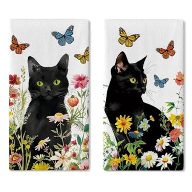 Imagem de Croar Conjunto de 2 toalhas de prato florais de gato preto primavera verão, margarida, borboleta, secagem, pano, cozinha, banheiro, flores silvestres, decoração de casa, dono de gato, presente para