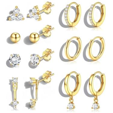 Imagem de Tungary Conjunto de brincos de cartilagem banhados a ouro 14 K para piercing múltiplo de aço cirúrgico hipoalergênico, joias delicadas, presentes de ouro/prata, Aço inoxidável, Zircônia cúbica