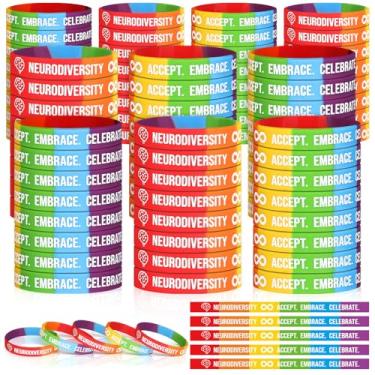 Imagem de Kigeli 100 pulseiras de silicone para neurodiversidade a granel símbolo de conscientização do autismo pulseiras de borracha arco-íris aceitam abraçar ASD ADHD conscientização mês presentes adultos