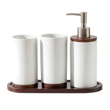 Imagem de OnePine Conjunto completo de acessórios de banheiro de cerâmica branca fosca, inclui bomba dispensadora de sabão de loção, suporte de escova de dentes, copos e bandeja de madeira, organizador de