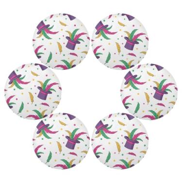 Imagem de Wassud Jogo americano conjunto de 6 chapéus de carnaval com penas tapetes de mesa redondos para cozinha e jantar tapetes laváveis resistentes ao calor para decoração de mesa 39 cm