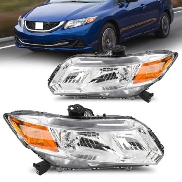 Imagem de Faróis Civic 2012 2013 2014 2015, conjunto de faróis compatível com Honda Civic Sedan de 4 portas 2012-2015 de substituição do lado do motorista cromado refletor âmbar