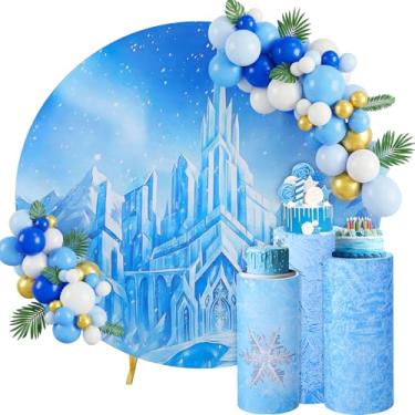 Imagem de Mindsoft Conjunto de 3 capas de suporte cilíndrico de elastano floco de neve para festas, capas de pedestal de cilindro de inverno, capa de fundo de castelo redonda de 2,2 m para decoração de festa de