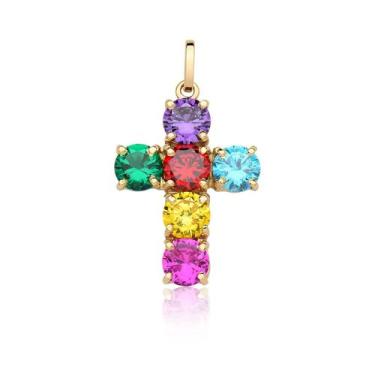 Imagem de Pingente Cruz Pedras Coloridas Rainbow Ouro Puro 18k Pr100 - MAEHLER A
